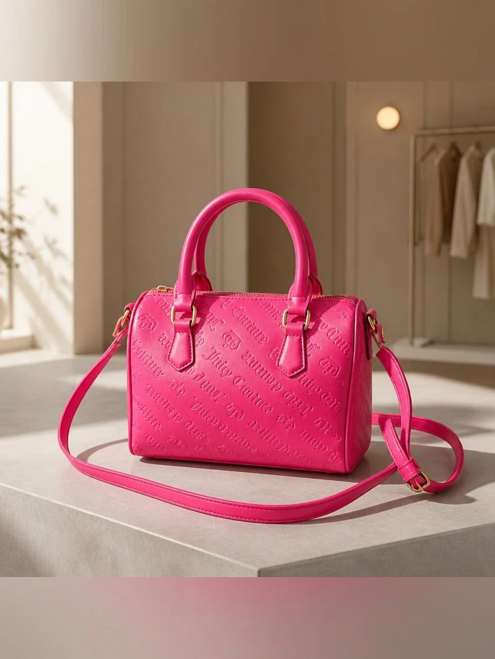 Juicy Couture Hot Pink Satchel Bag & Wallet Set with Charm Chain